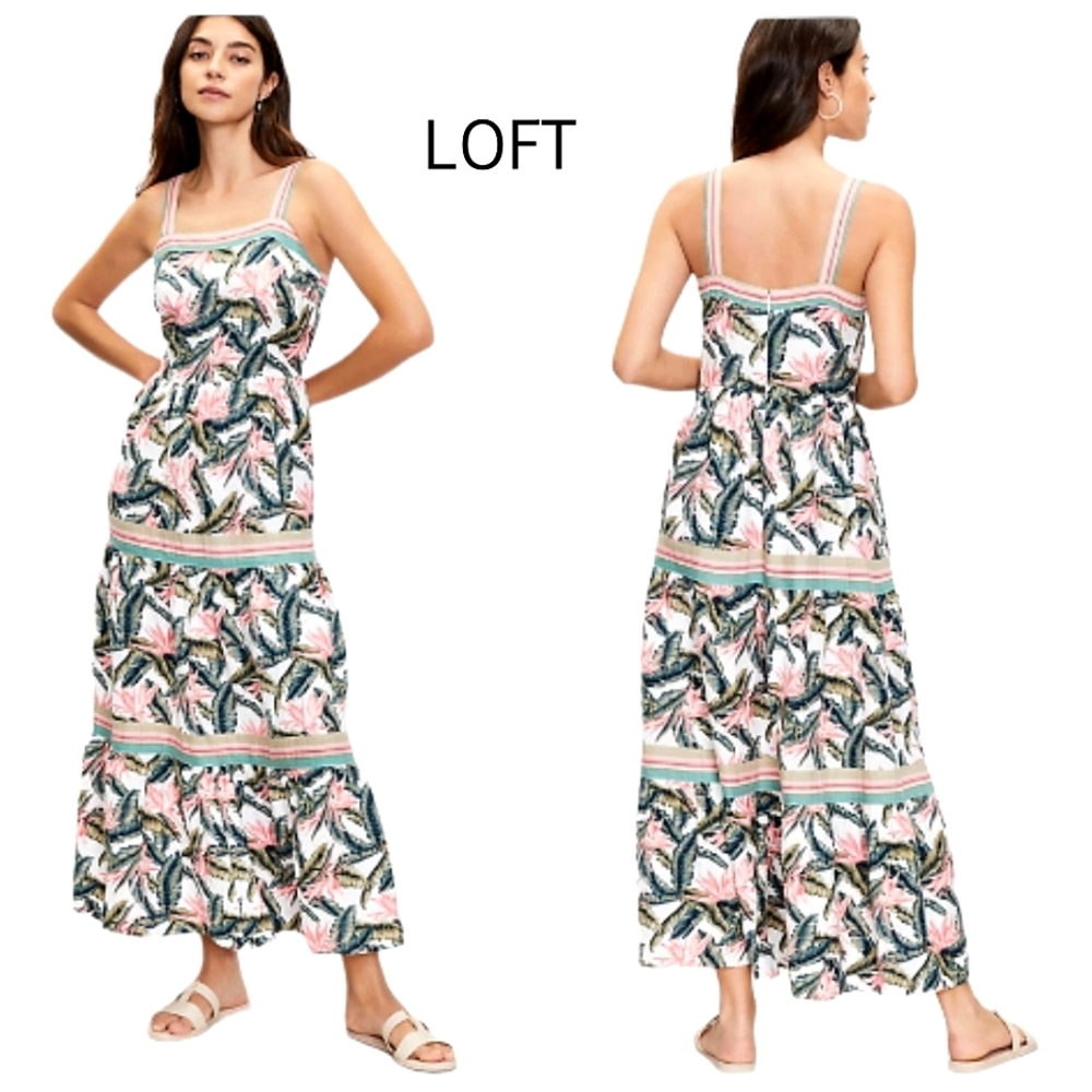 LOFT Paradise Nwt White/Pink/Green Tropical Tiered Sleeveless Maxi Dress